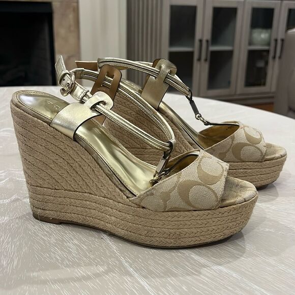 COACH LEAH Wedge Heels (A6051) Platform Open-Toe, Signature Cs, Beige 7.5 - Picture 1 of 8